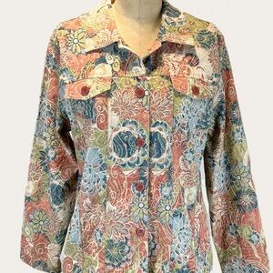 Flower garden country cottage jacket button front lightweight botanical floral‎